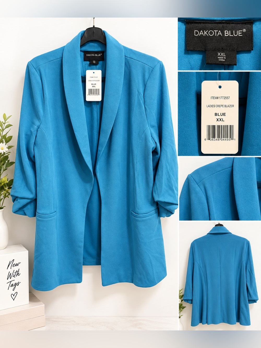 💙 NWT Dakota Blue XXL Blue Crepe Blazer Ruched Sleeve Plus Size